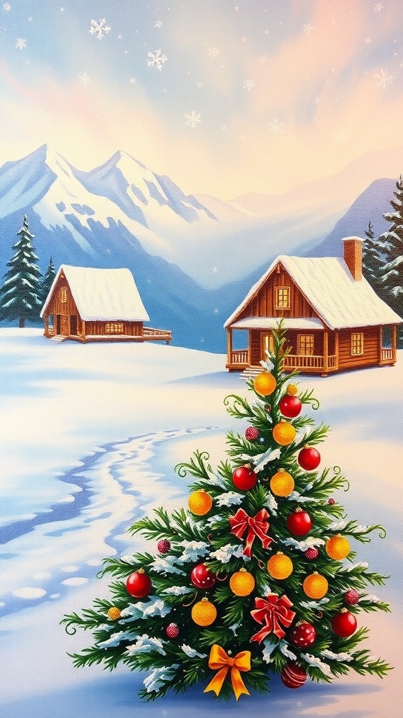 A Christmas canvas painting of a snowy landscape with a cabin and decorated tree.